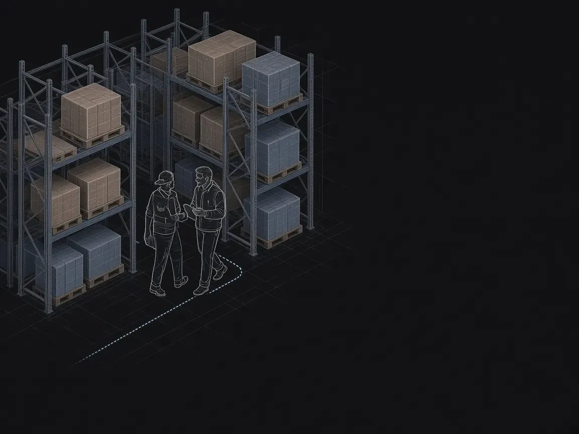 Illustration of two people walking a warehouse aisle
