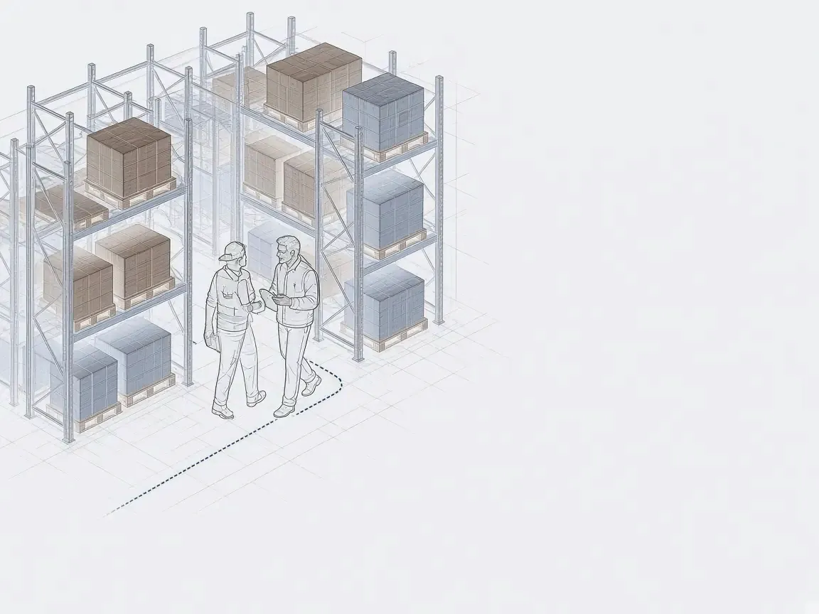 Illustration of two people walking a warehouse aisle