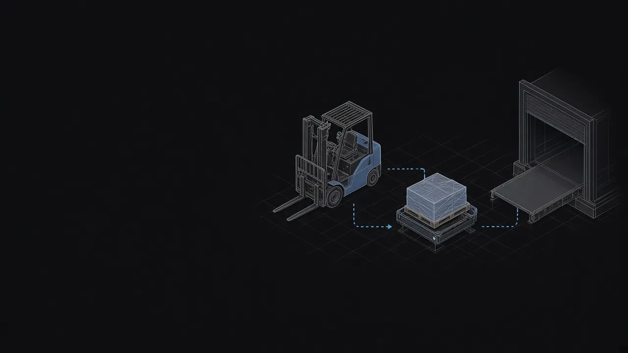 Illustration of a forklift, a pallet wrapper and the dock being set up