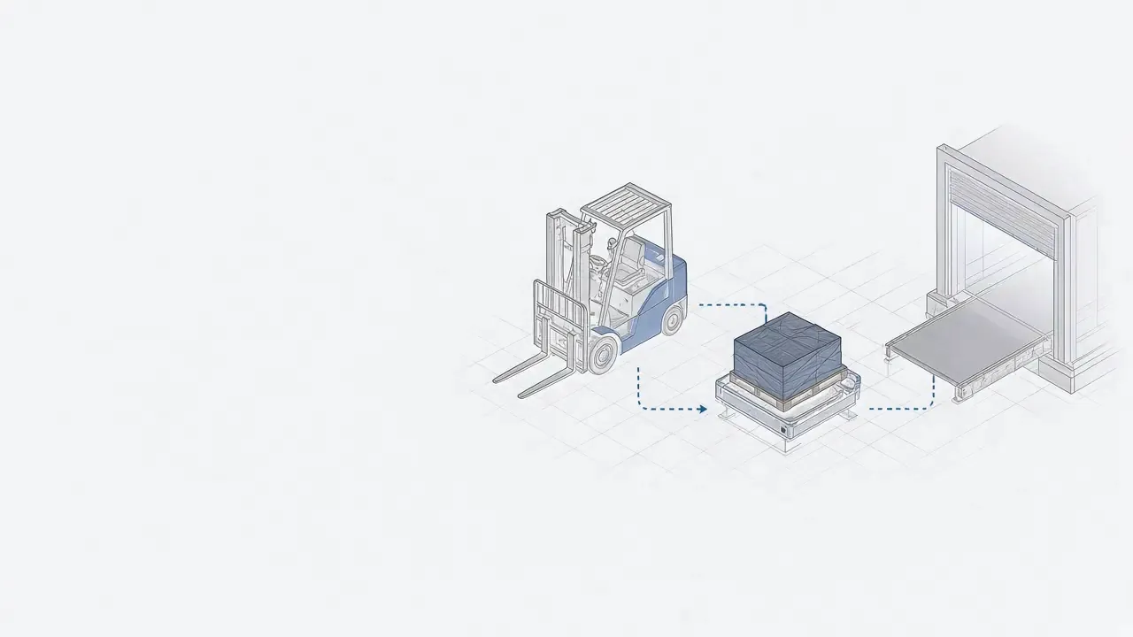 Illustration of a forklift, a pallet wrapper and the dock being set up