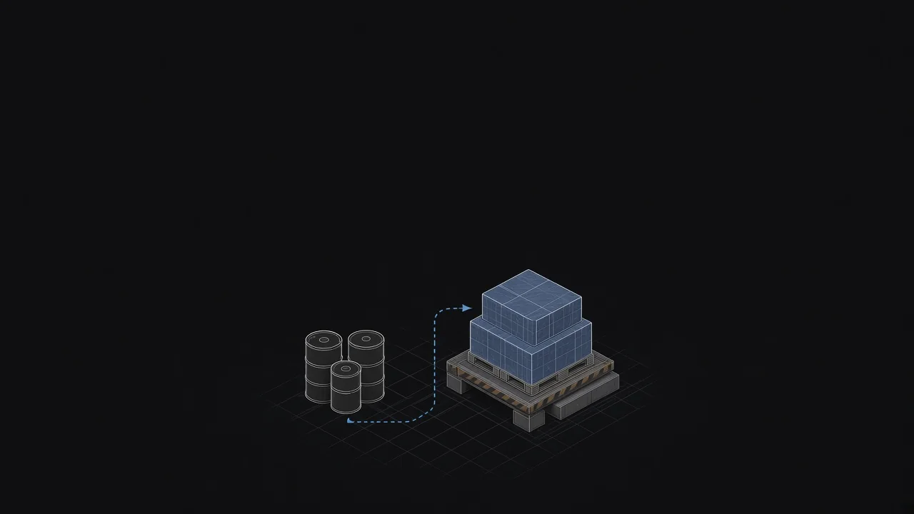 Line drawing of three drums with a dotted path leading to a pallet of stacked cartons