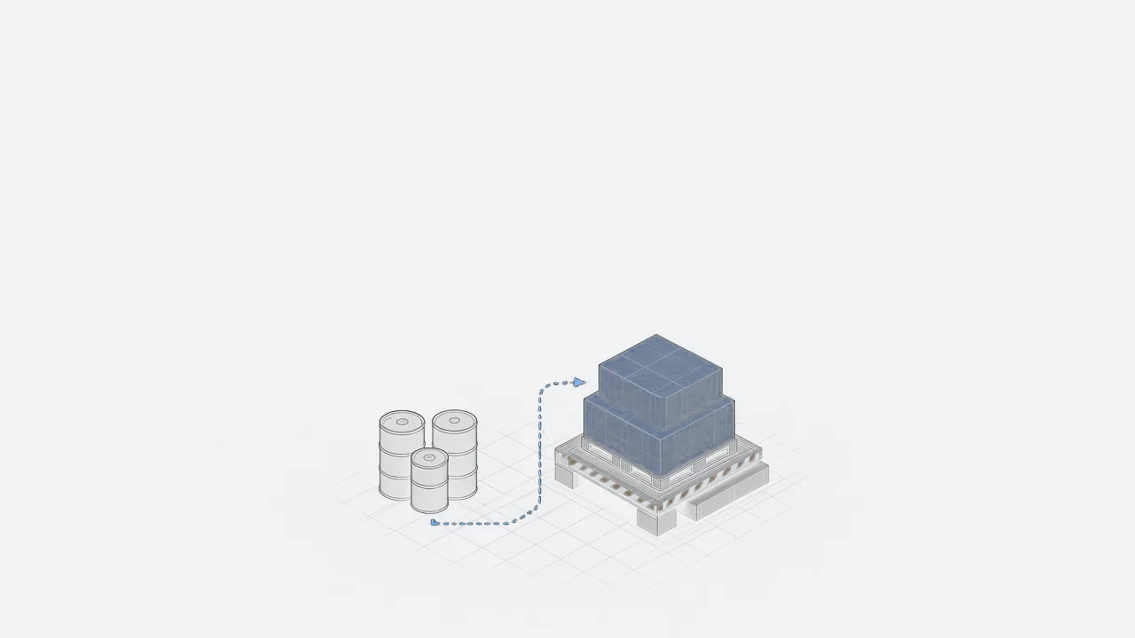 Line drawing of three drums with a dotted path leading to a pallet of stacked cartons