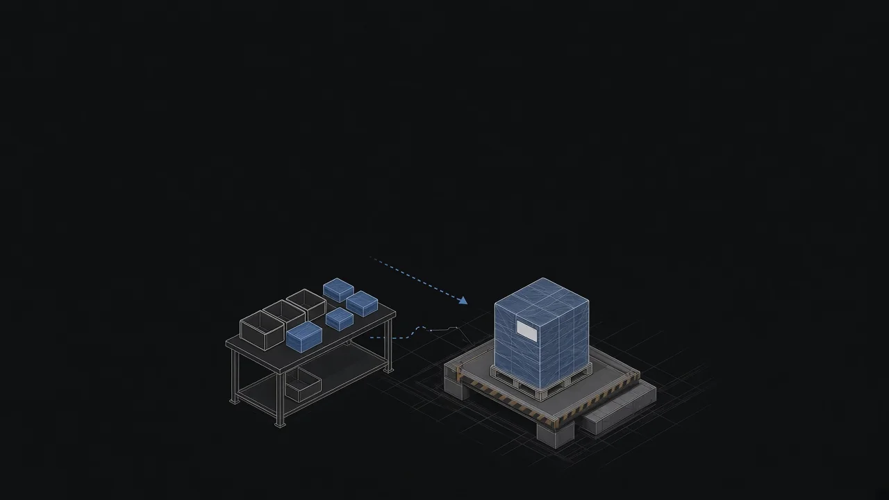 Line drawing of a workbench with bins and small boxes, and a dotted arrow leading to a wrapped pallet