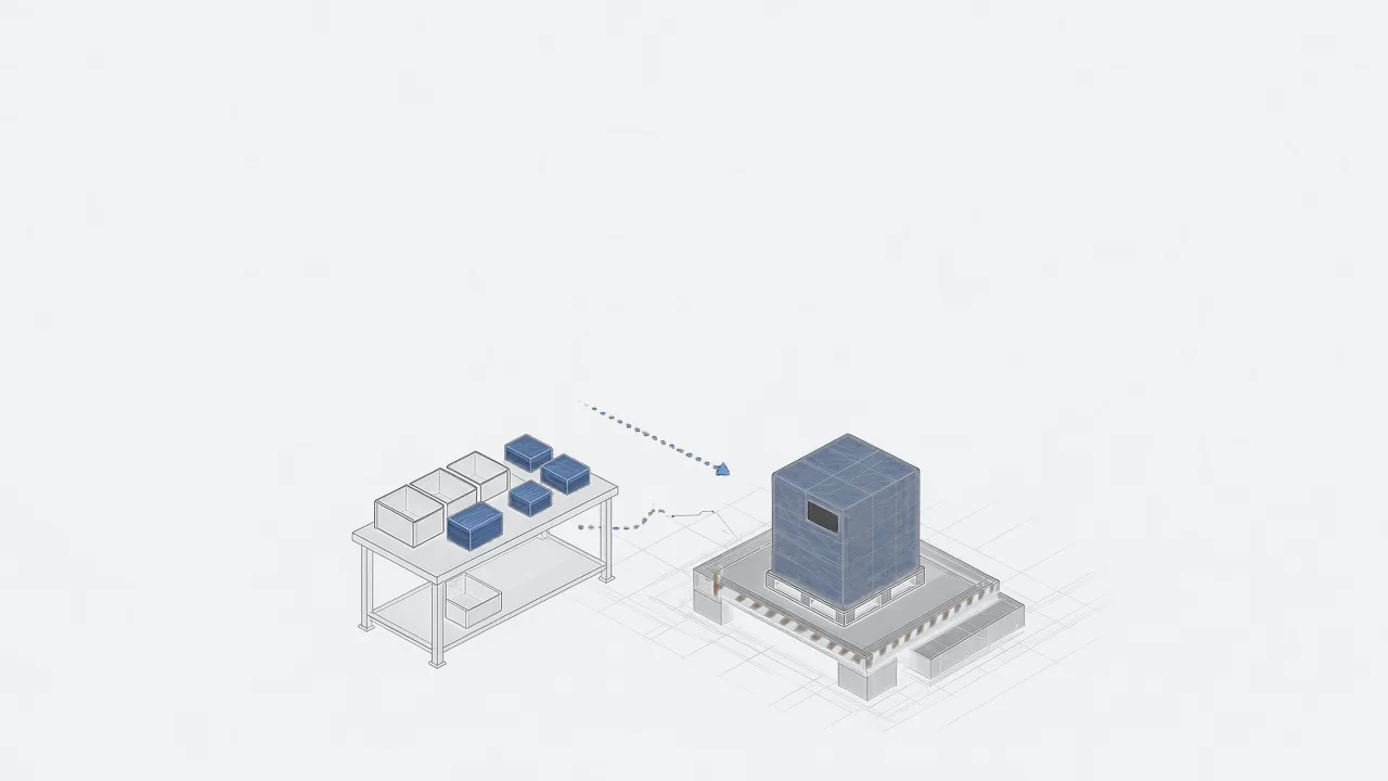 Line drawing of a workbench with bins and small boxes, and a dotted arrow leading to a wrapped pallet