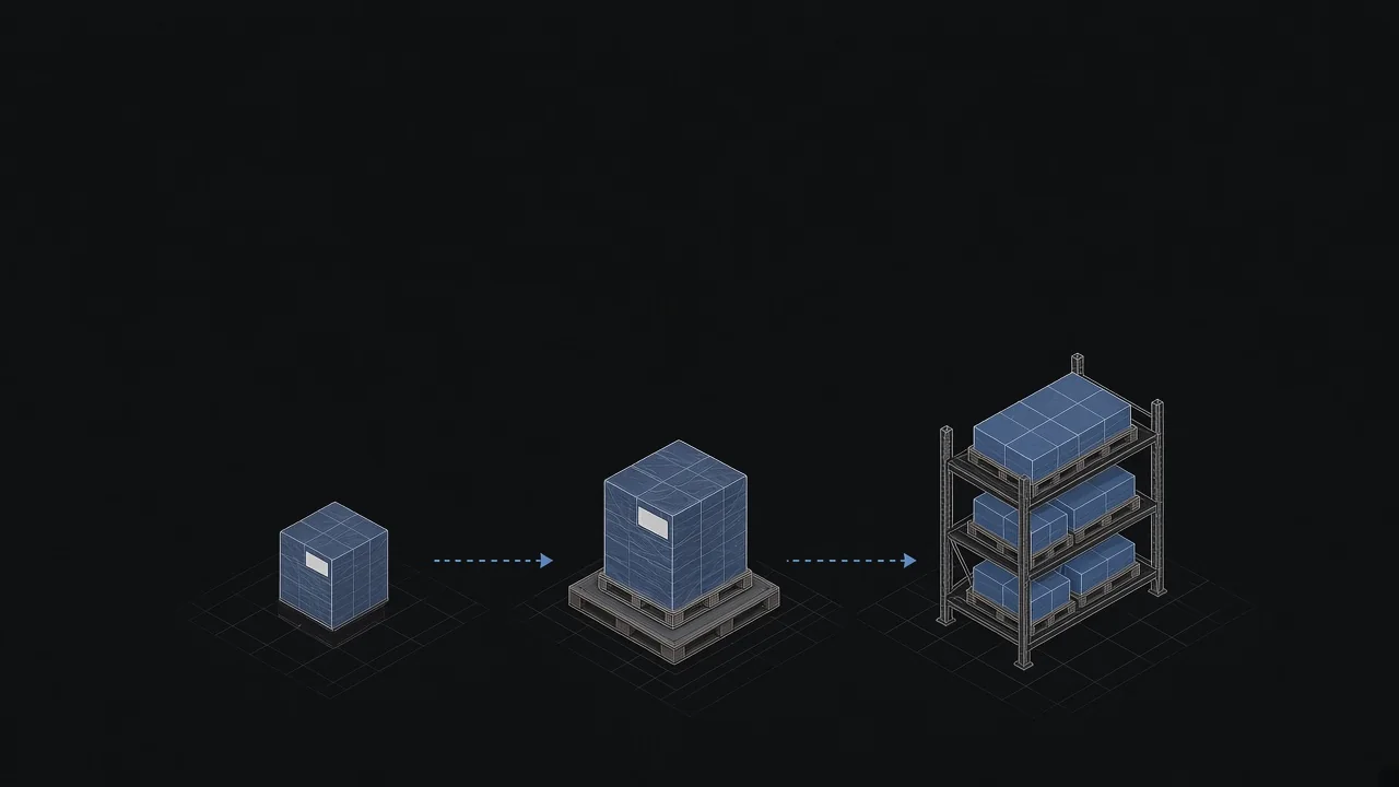 Line drawing of a single box, then a pallet, then a loaded pallet rack, joined by dotted arrows