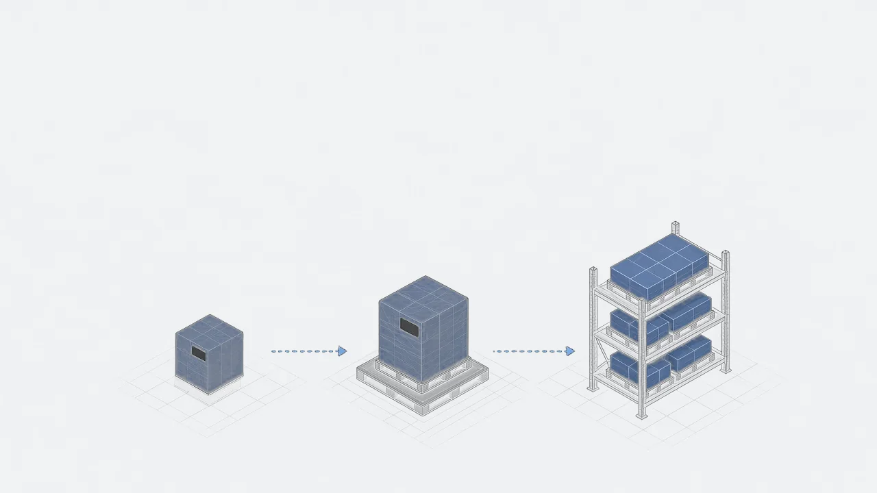 Line drawing of a single box, then a pallet, then a loaded pallet rack, joined by dotted arrows