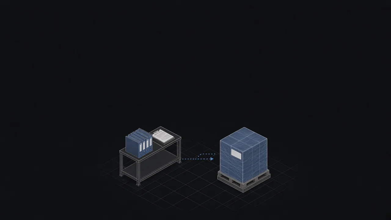Line drawing of a two-tier table holding binders and a clipboard, and a dotted arrow leading to a wrapped pallet