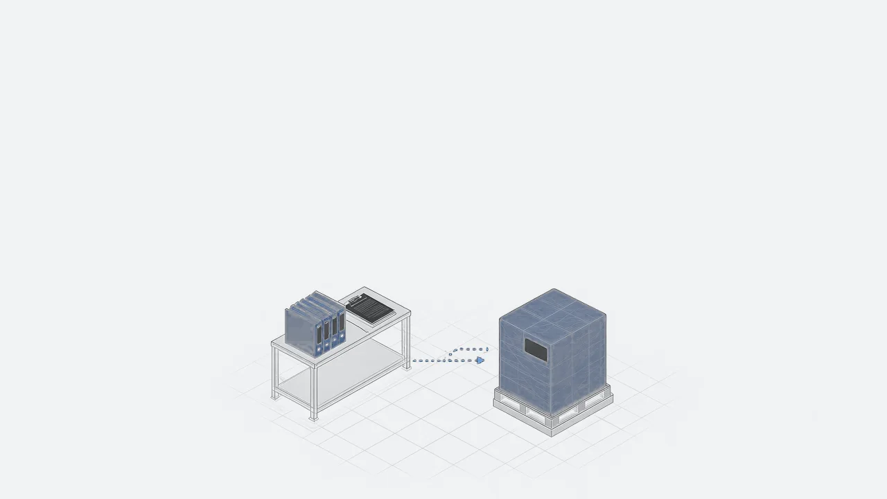 Line drawing of a two-tier table holding binders and a clipboard, and a dotted arrow leading to a wrapped pallet