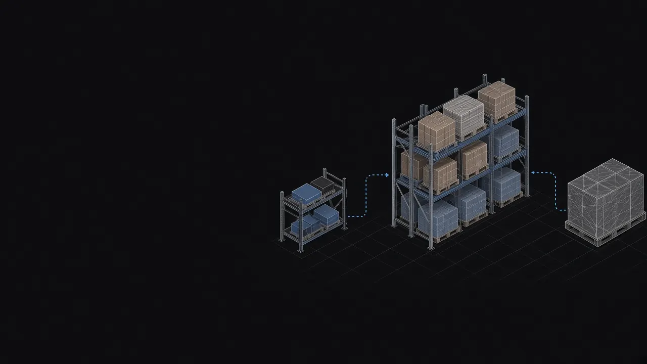 Illustration of a garage shelf growing into a rack and then a full pallet