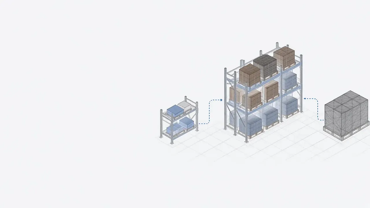 Illustration of a garage shelf growing into a rack and then a full pallet