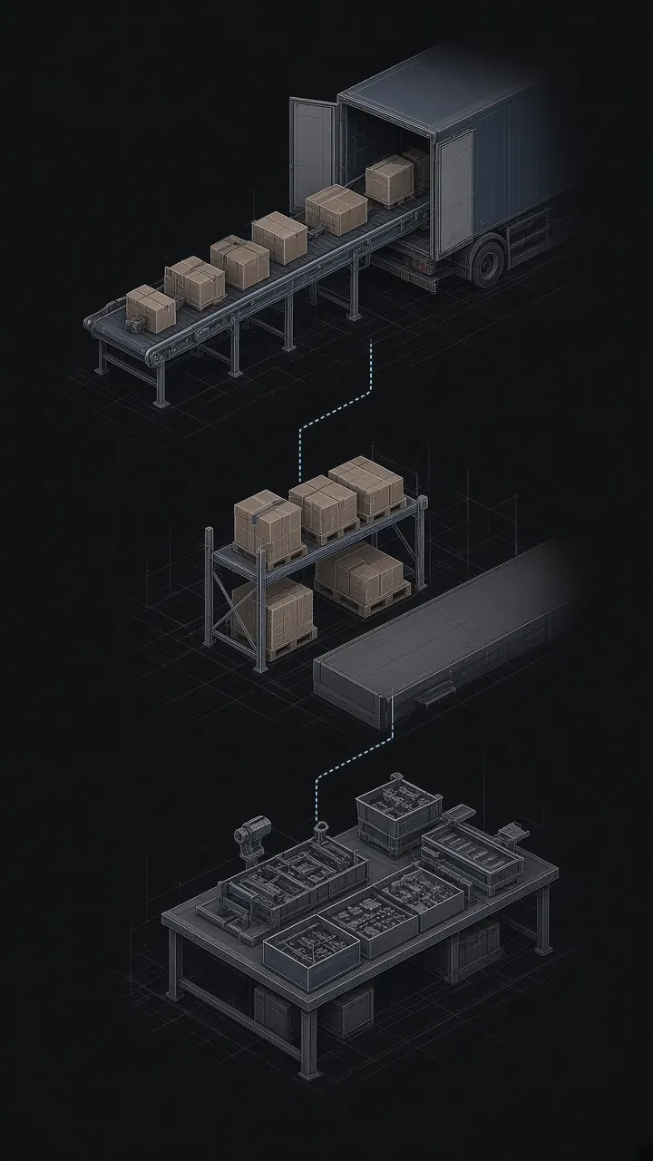 Illustration stepping down from parcels to pallets to parts