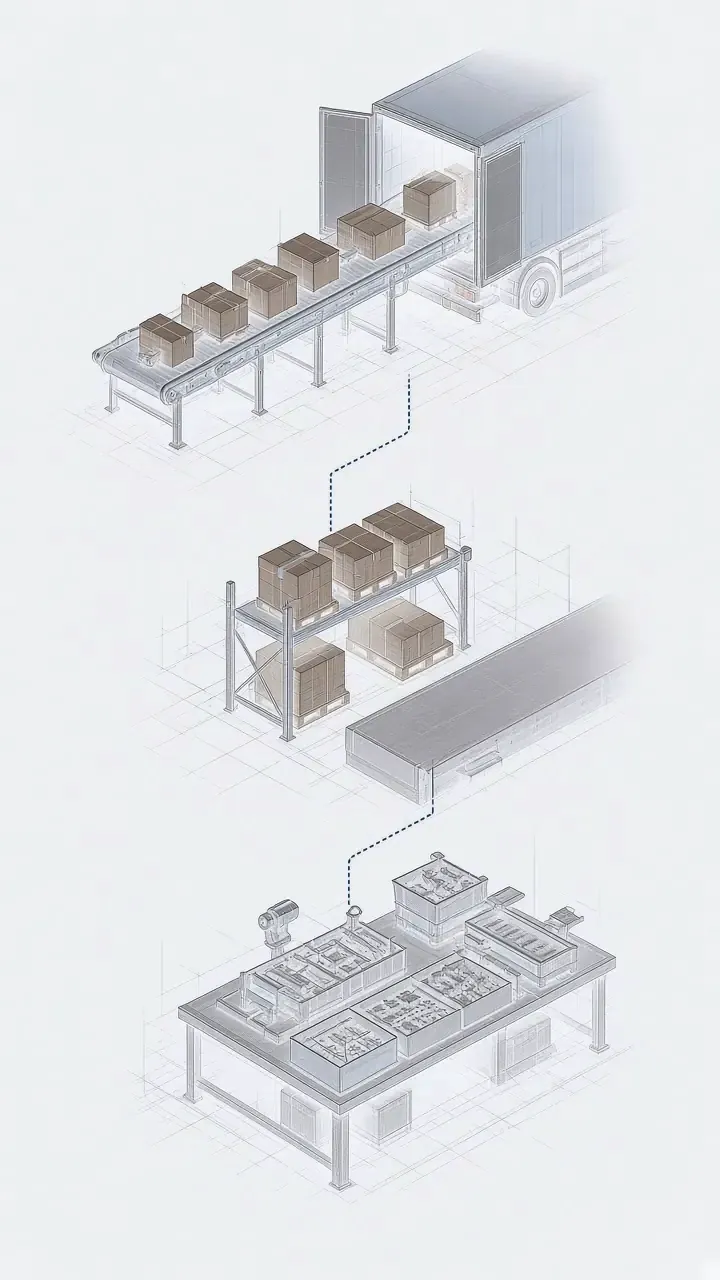 Illustration stepping down from parcels to pallets to parts
