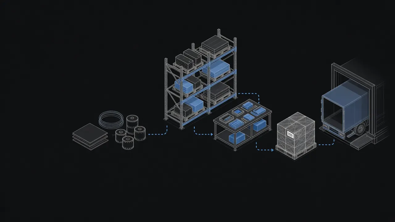 Illustration of materials moving from the rack to kitting, onto a pallet and out on a truck