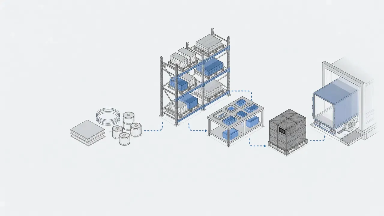 Illustration of materials moving from the rack to kitting, onto a pallet and out on a truck