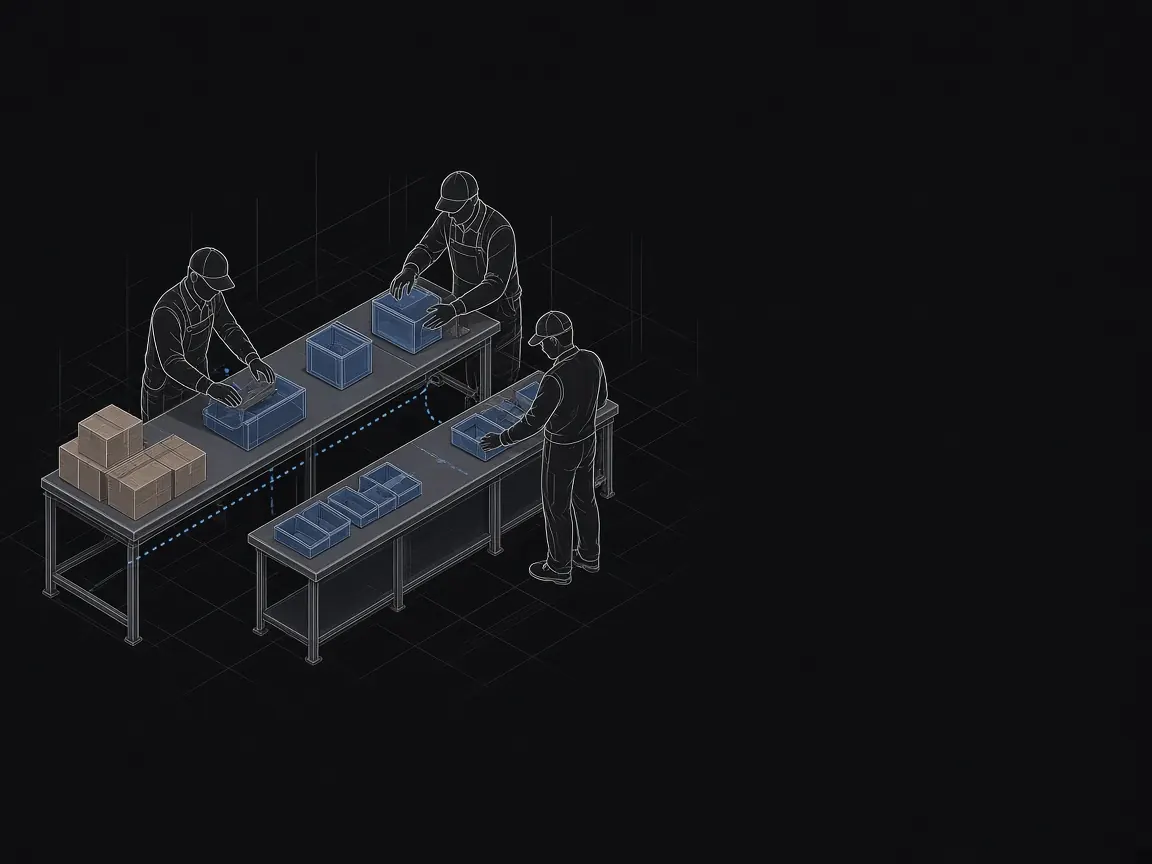 Illustration of a crew at work tables, kitting and assembling