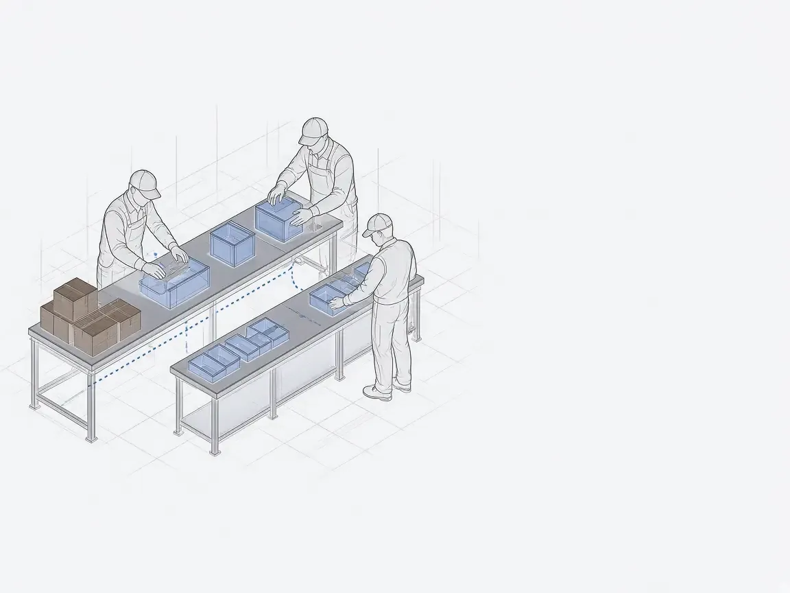 Illustration of a crew at work tables, kitting and assembling