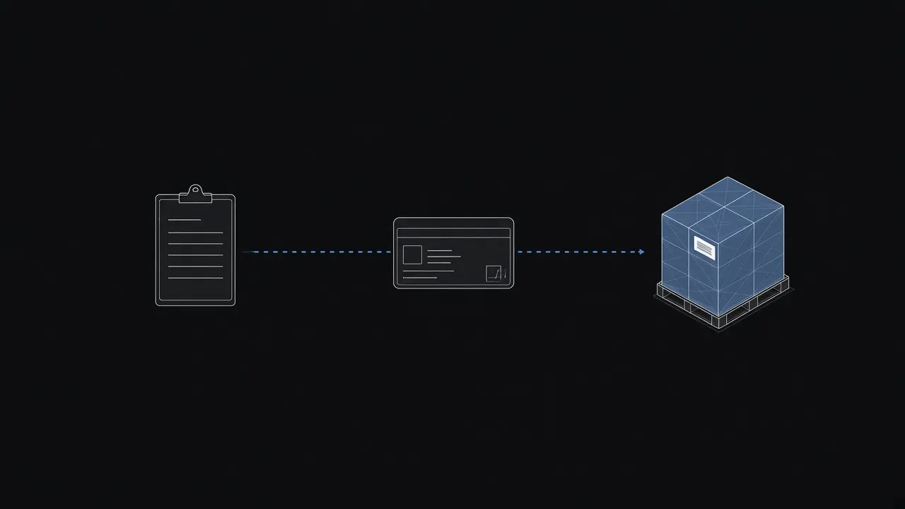Illustration of an intake form becoming a ticket and then a pallet