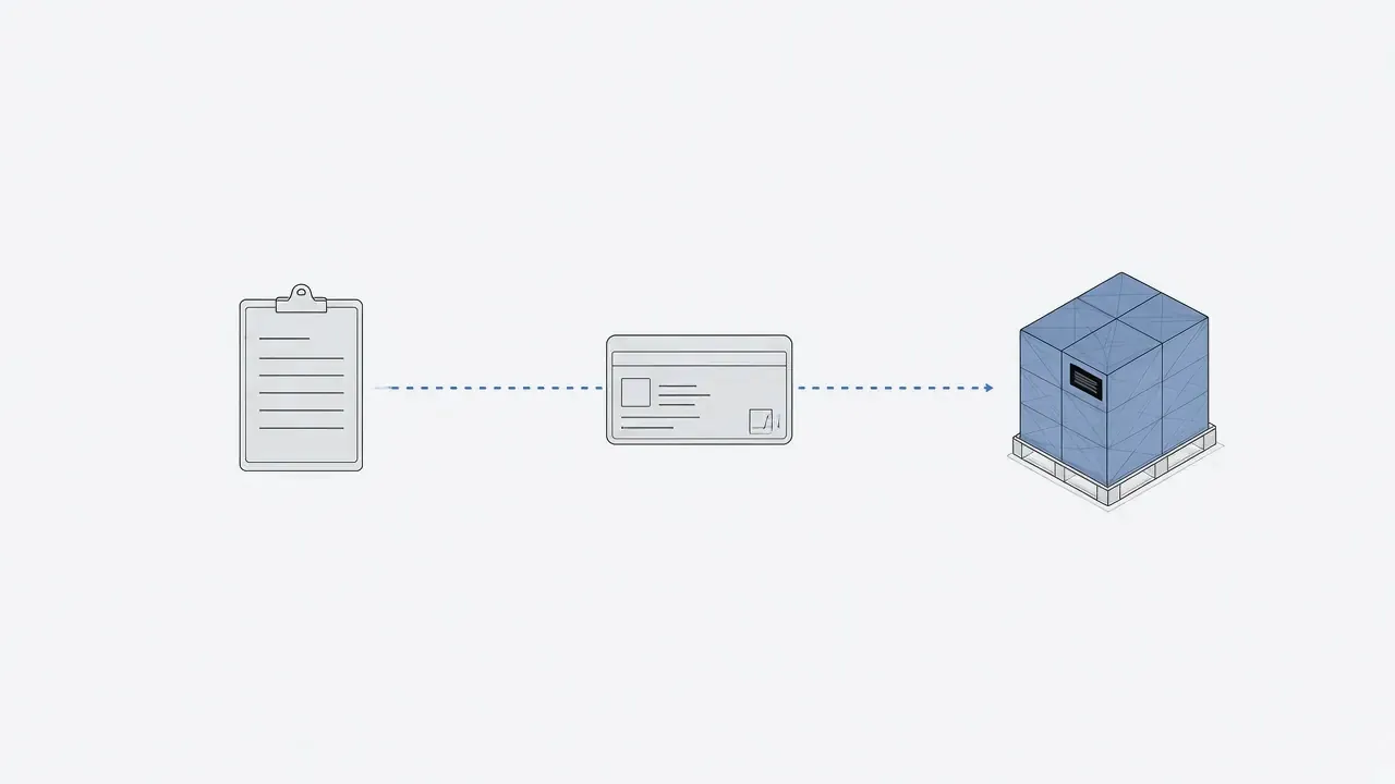 Illustration of an intake form becoming a ticket and then a pallet