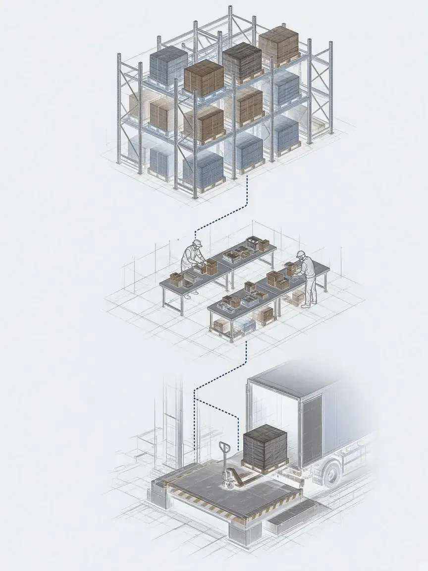 Illustration of a stepped warehouse: racks, work tables and the dock